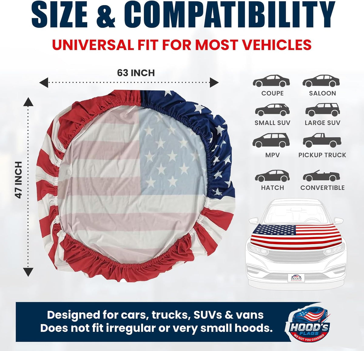 American Flag Car Hood Cover 63"x47" (160x120 cm) – USA Stars & Stripes Decoration – Universal Fit Cover for Trucks, Cars, SUVs - Stretch Polyester-Spandex with Secure Fasteners