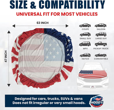 American Flag Car Hood Cover 63"x47" (160x120 cm) – USA Stars & Stripes Decoration – Universal Fit Cover for Trucks, Cars, SUVs - Stretch Polyester-Spandex with Secure Fasteners
