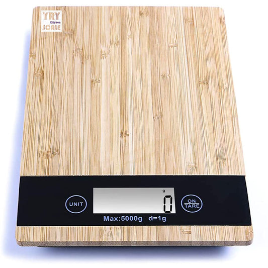 Taylor bamboo digital kitchen scale with 11 lb / 5 kg capacity, backlit LCD display, and tare function. Weighs dry and liquid ingredients in oz, g, fl oz, and ml. Eco-friendly bamboo platform.