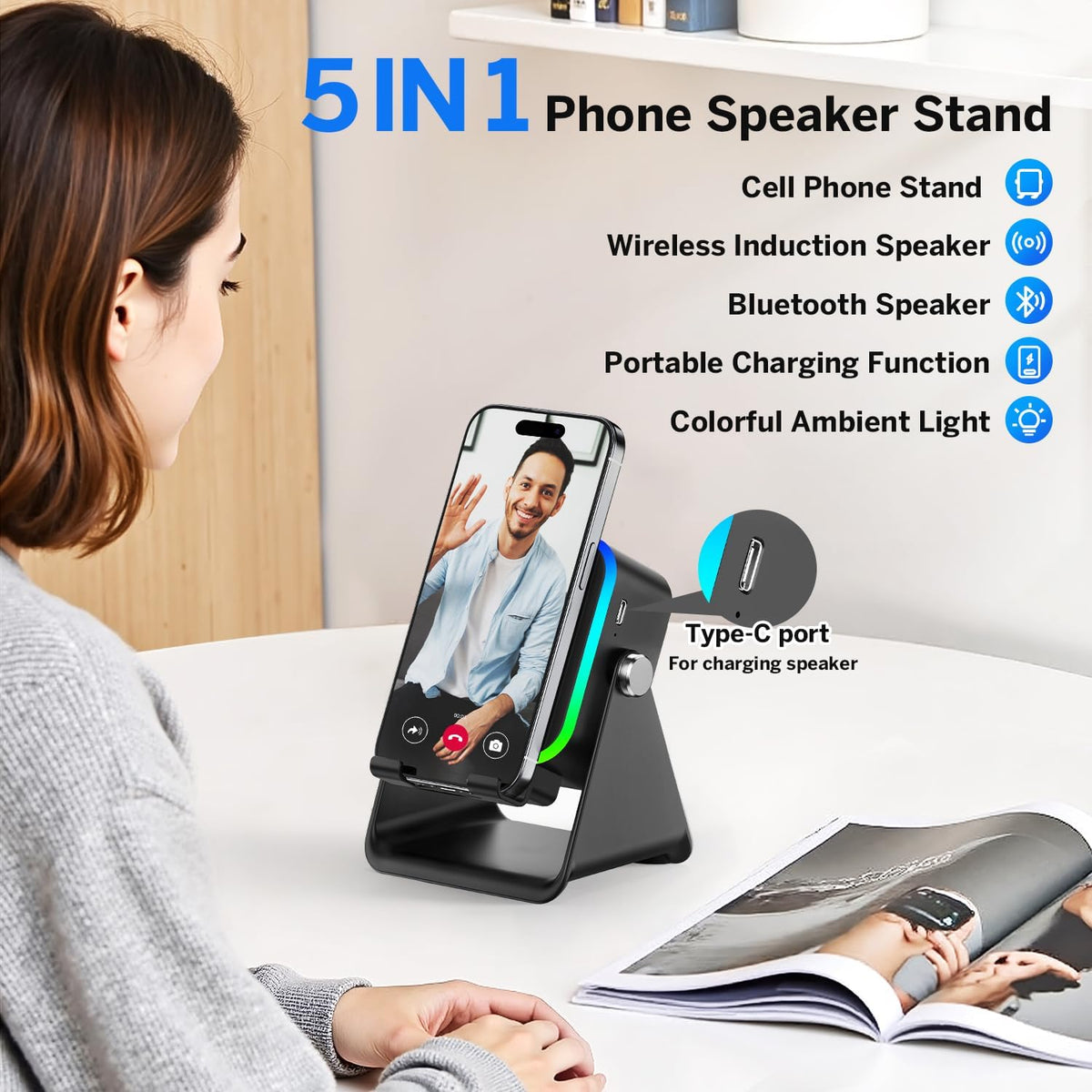 SoundDock™ 5-in-1 Wireless Bluetooth Speaker Stand – Adjustable Phone Holder with Stereo Sound, RGB Ambient Lighting & Rechargeable Battery for iPhone, Android & Tablets (Black)