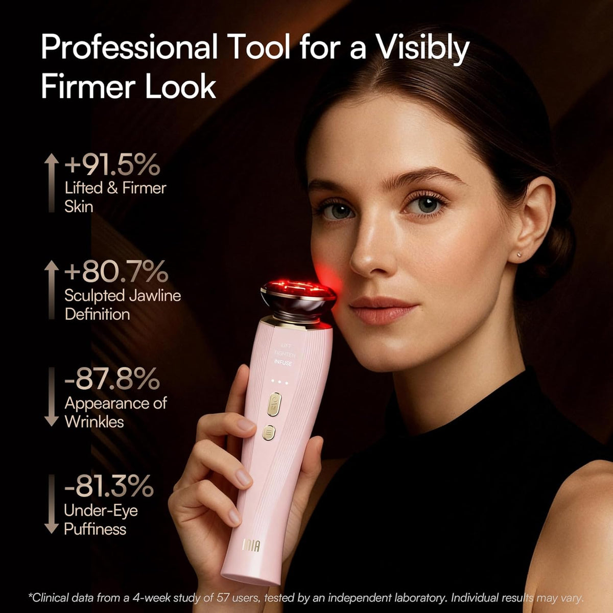 INIA 3-in-1 red light therapy device for face and neck with lift, tighten, and infuse modes. Adjustable intensity, negative ion technology, and ergonomic 3D head for at-home facial sculpting and firming.