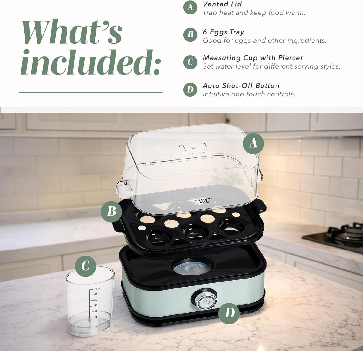 EggMaster™ Rapid Egg Cooker – 6-Egg Electric Boiler for Soft, Medium & Hard-Boiled Eggs with Auto Shut-Off & One-Touch Cooking (Sage)