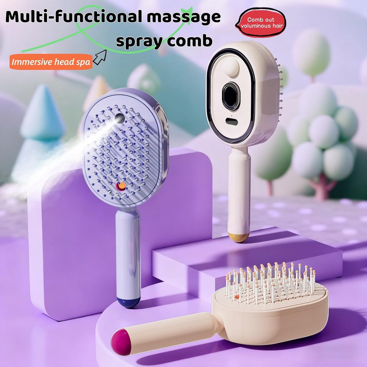 Multi-Functional Massage Spray Comb | 10ml Refillable Water Tank for Oils, Type-C Rechargeable | Anti-Static & Detangling | Portable Hair Care Gift (Pink)