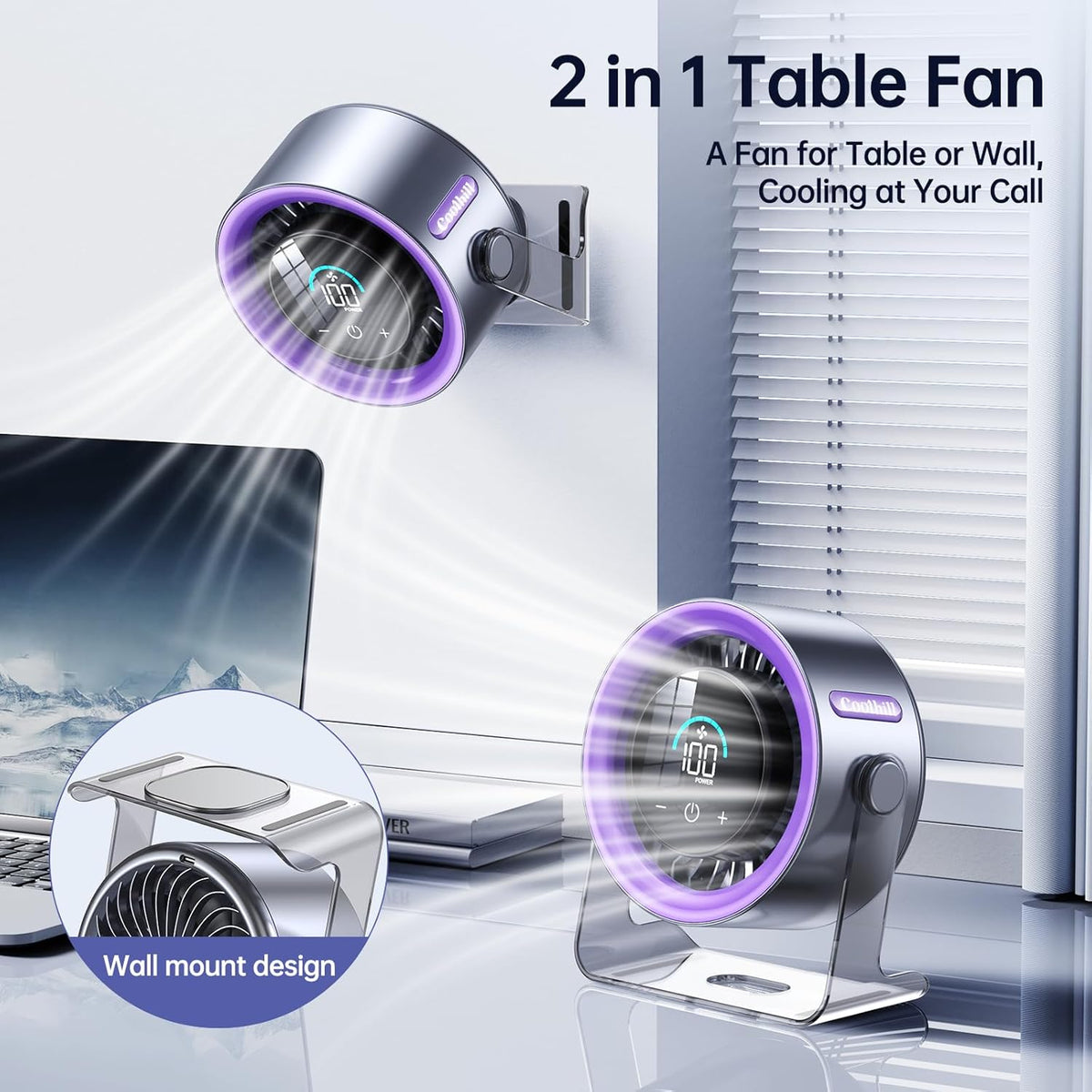 CoolBreeze™ Turbo Desk Fan – 100-Speed Quiet USB Rechargeable Fan with Digital Display, 120° Rotation & Wall-Mount Design for Bedroom, Office & Home (Purple)