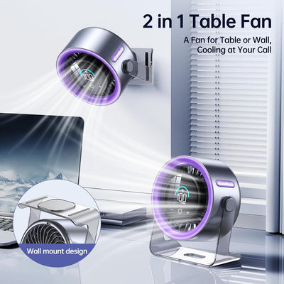 CoolBreeze™ Turbo Desk Fan – 100-Speed Quiet USB Rechargeable Fan with Digital Display, 120° Rotation & Wall-Mount Design for Bedroom, Office & Home (Purple)
