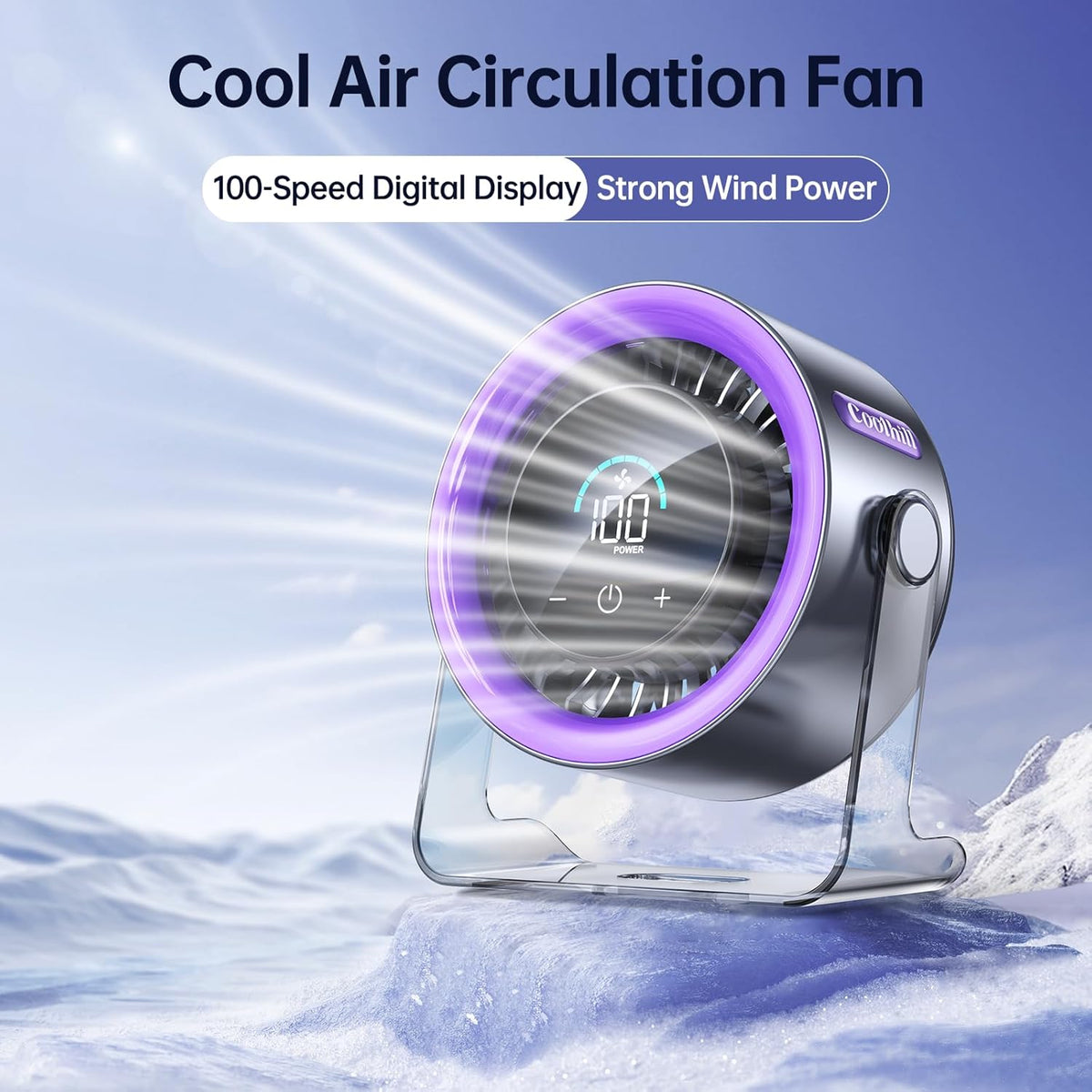 CoolBreeze™ Turbo Desk Fan – 100-Speed Quiet USB Rechargeable Fan with Digital Display, 120° Rotation & Wall-Mount Design for Bedroom, Office & Home (Purple)