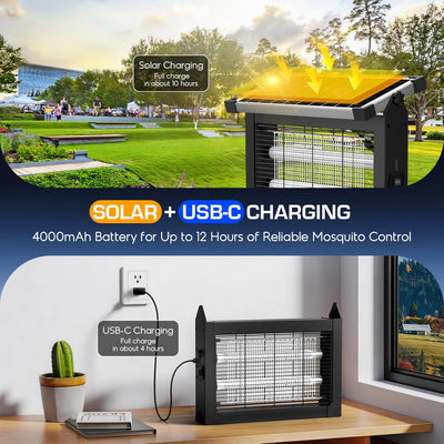 ZapGuard™ Solar Bug Zapper – Waterproof 4500V Cordless Mosquito Killer with Solar & USB Rechargeable Power for Patio, Garden & Outdoor Protection