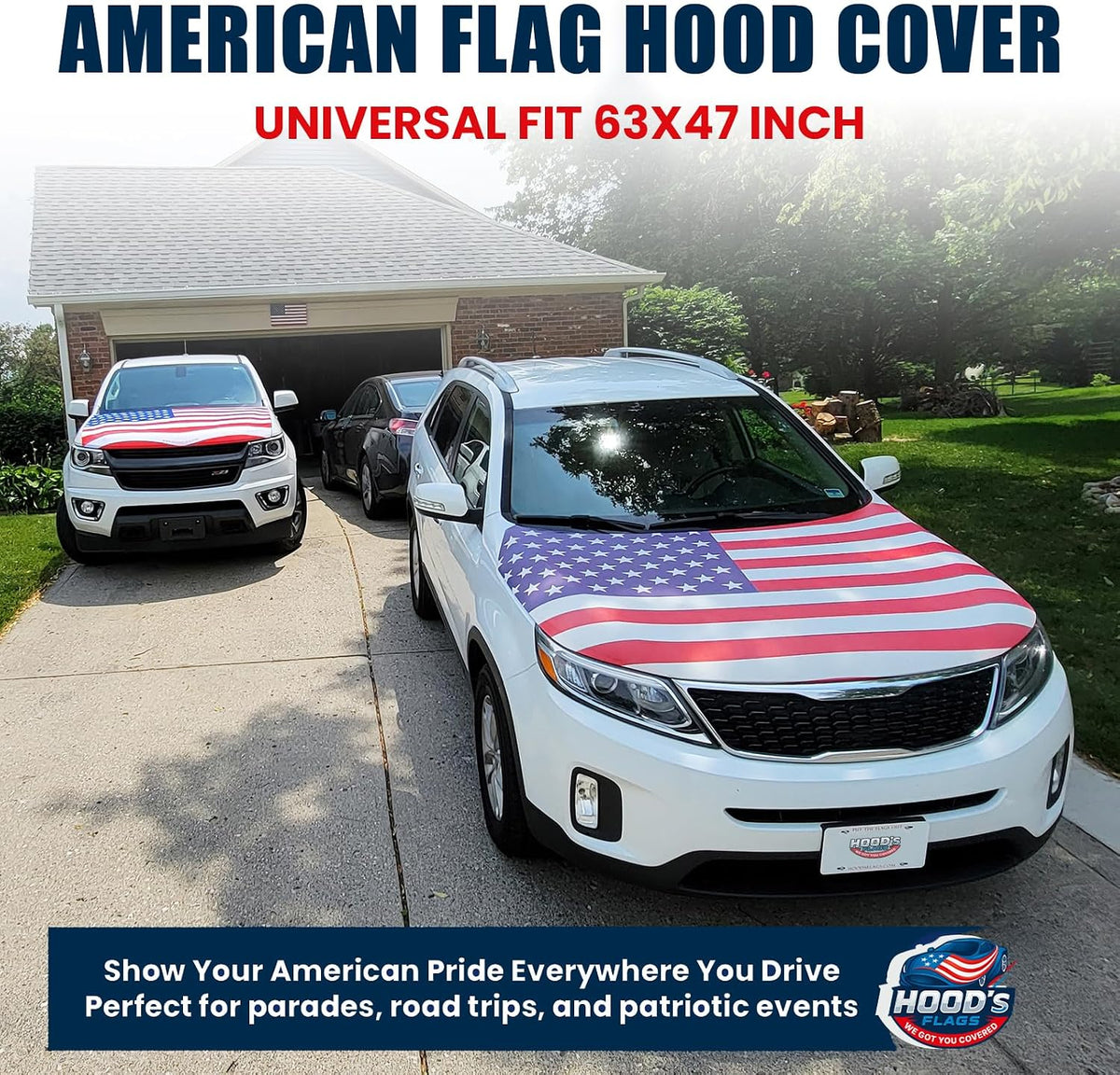 American Flag Car Hood Cover 63"x47" (160x120 cm) – USA Stars & Stripes Decoration – Universal Fit Cover for Trucks, Cars, SUVs - Stretch Polyester-Spandex with Secure Fasteners