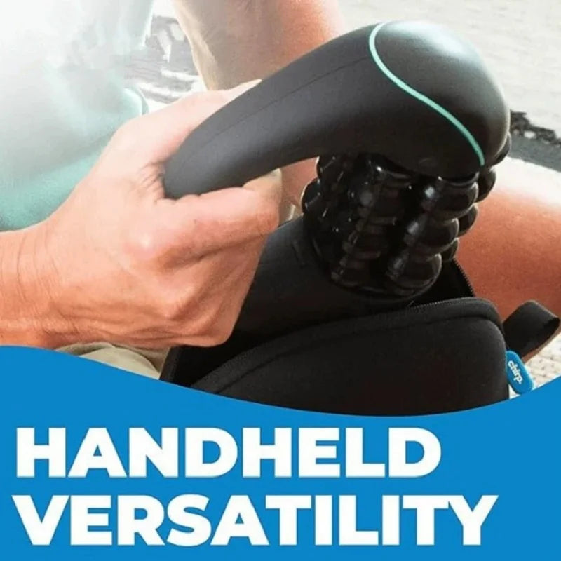 Compact rolling percussive massager with 3 speed settings for deep tissue relief and muscle recovery. Rechargeable, portable, and designed for full-body use at home, the office, or on the go.
