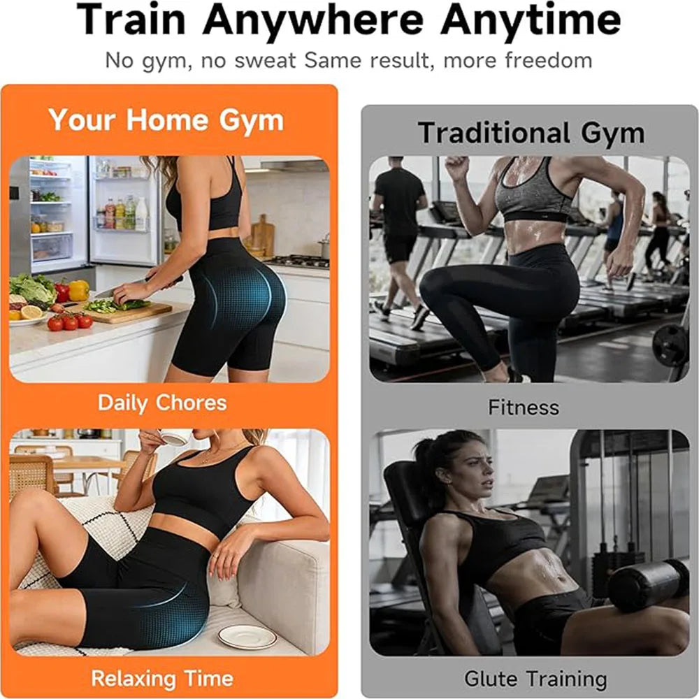 EMS toning shorts with dual-zone electrode pads for hip lifting, glute sculpting, and pelvic floor strengthening. 15 intensity levels, gel-free design, wireless controller. Wear at home — no workout required.