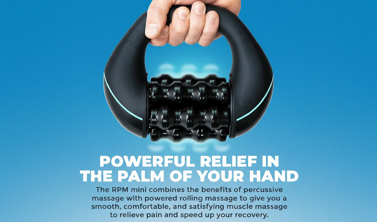 Compact rolling percussive massager with 3 speed settings for deep tissue relief and muscle recovery. Rechargeable, portable, and designed for full-body use at home, the office, or on the go.