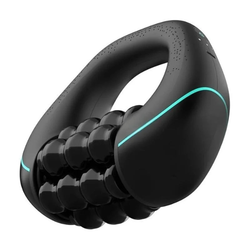 Compact rolling percussive massager with 3 speed settings for deep tissue relief and muscle recovery. Rechargeable, portable, and designed for full-body use at home, the office, or on the go.