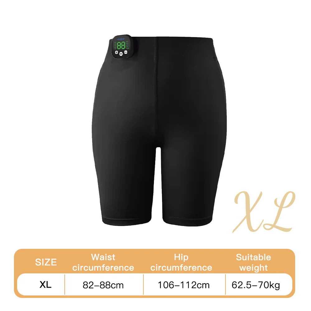EMS toning shorts with dual-zone electrode pads for hip lifting, glute sculpting, and pelvic floor strengthening. 15 intensity levels, gel-free design, wireless controller. Wear at home — no workout required.