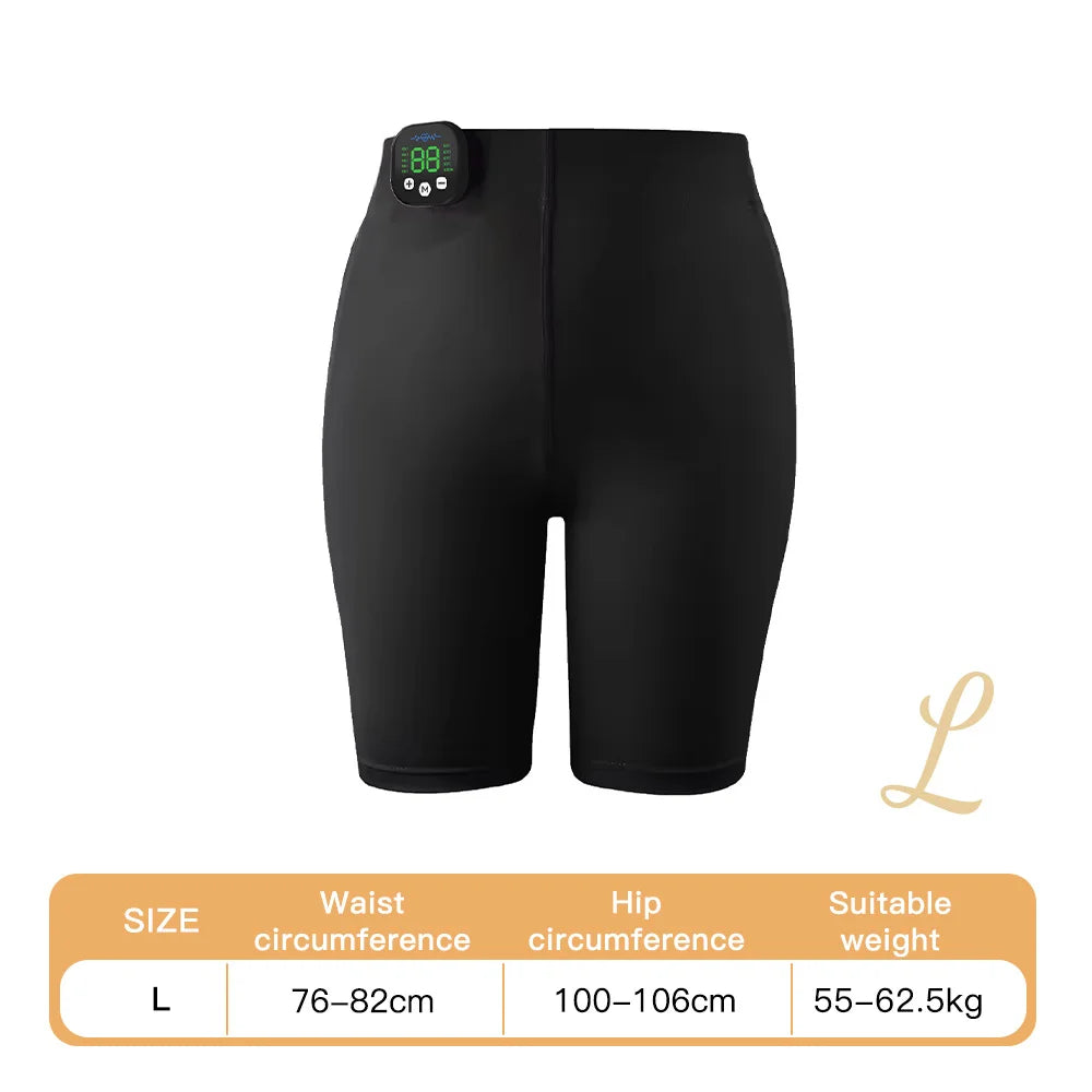 EMS toning shorts with dual-zone electrode pads for hip lifting, glute sculpting, and pelvic floor strengthening. 15 intensity levels, gel-free design, wireless controller. Wear at home — no workout required.